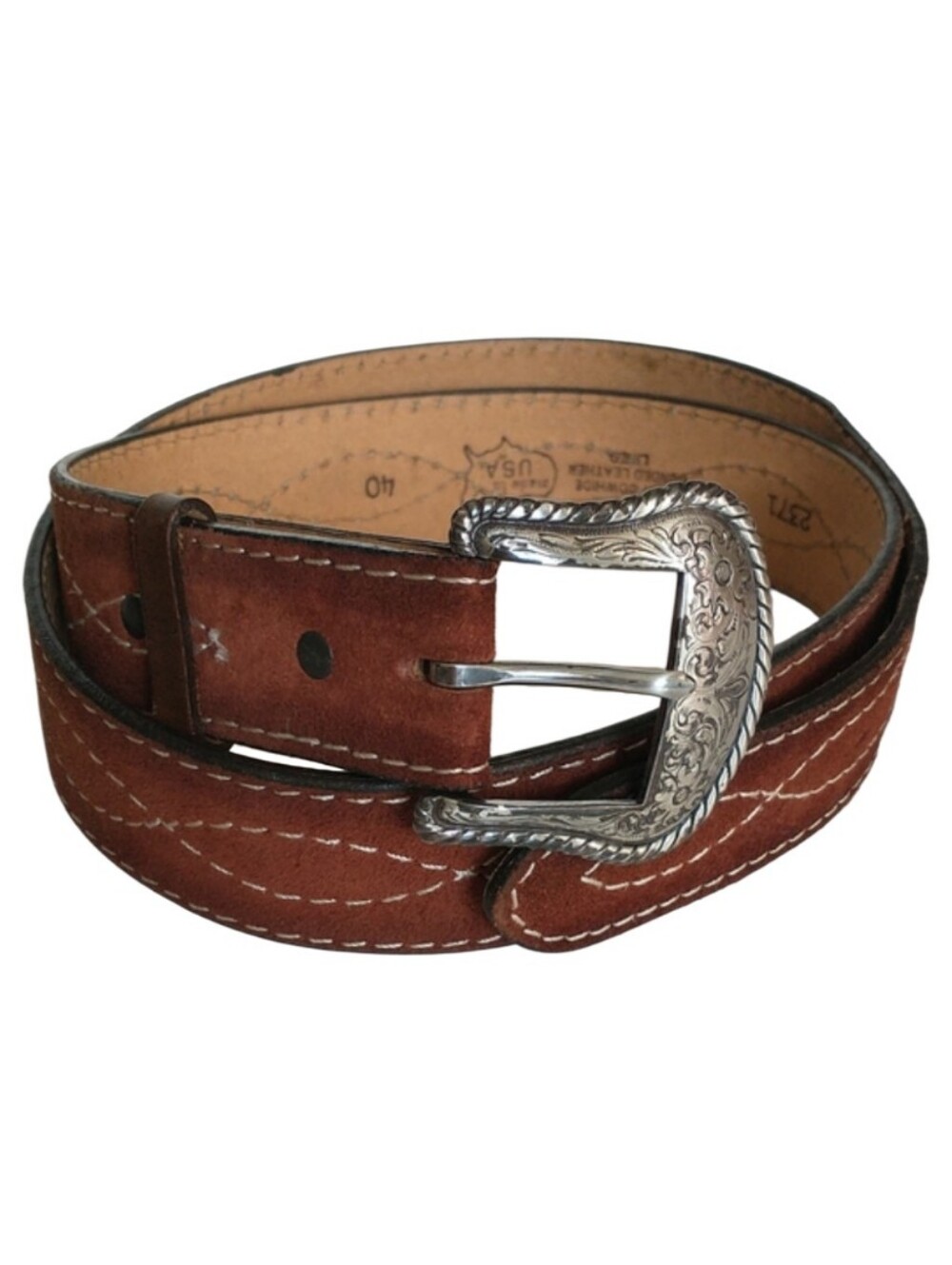 Brown Bonded Leather/ Suede Men’s Belt with Decorative Silver Buckle